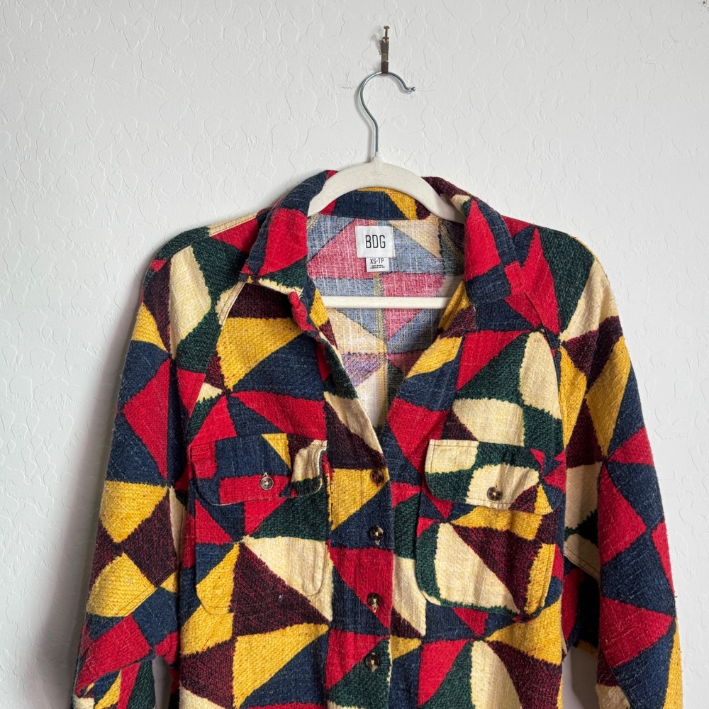 BDG Urban Outfitters Geometric Patchwork Woven Cotton Button Down Shacket XS - Picture 2 of 10